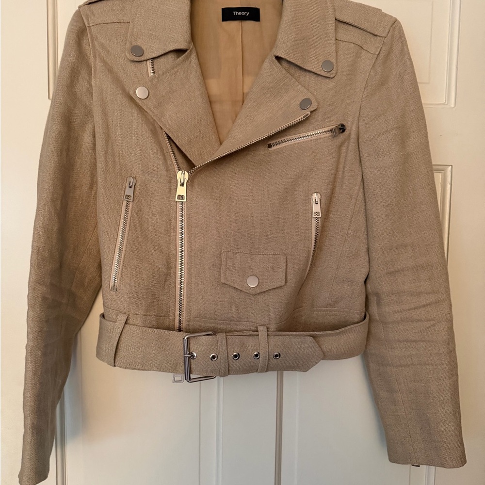 Theory Khaki Beige Linen-Blend Moto Jacket